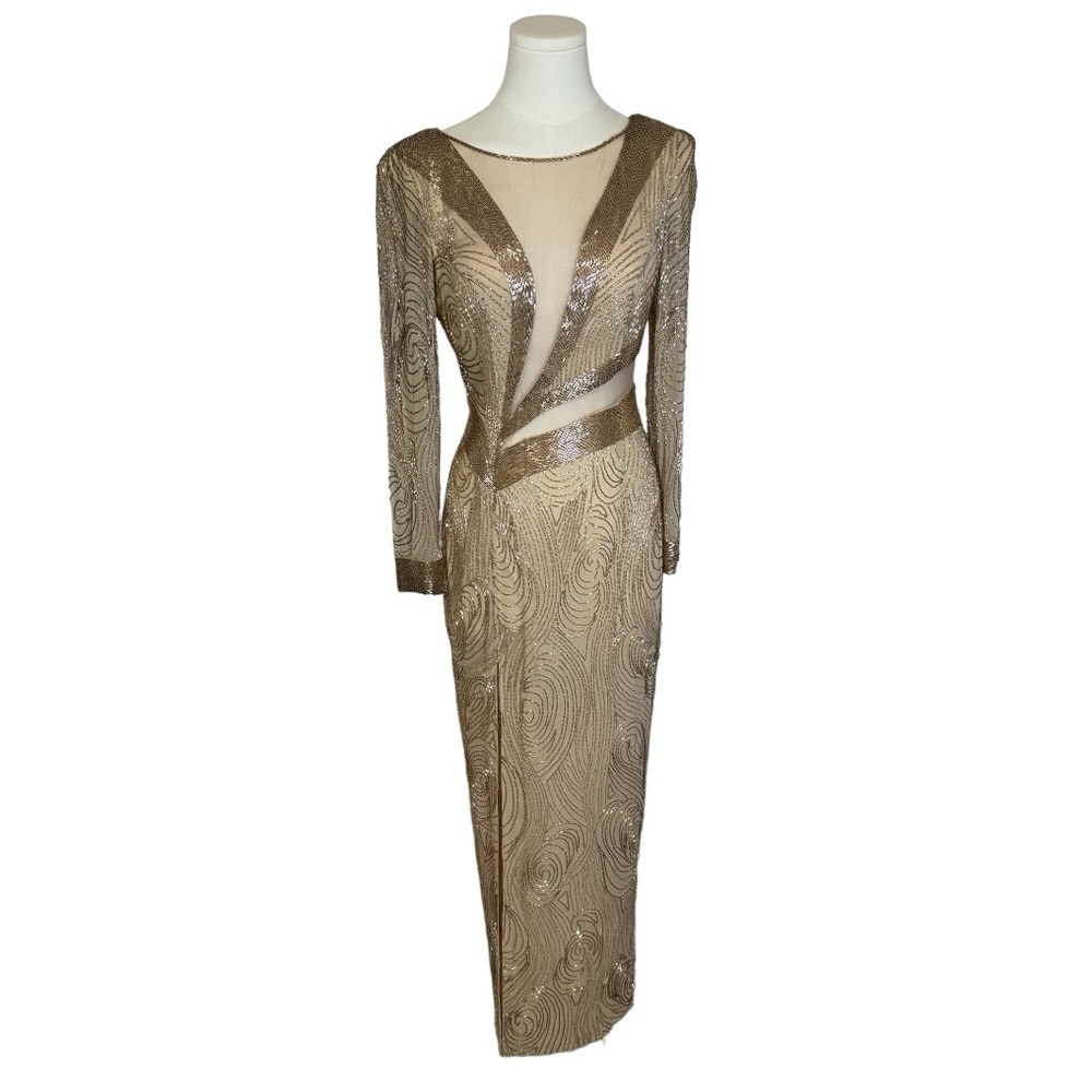 VINTAGE Peak Evenings 100% Silk Hand Beaded Gown Dress size 6 4 Champagne